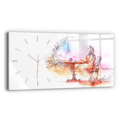 Glass wall clock rectangular Woman drinking tea