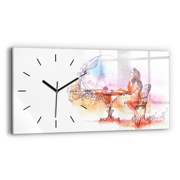 Glass wall clock rectangular Woman drinking tea