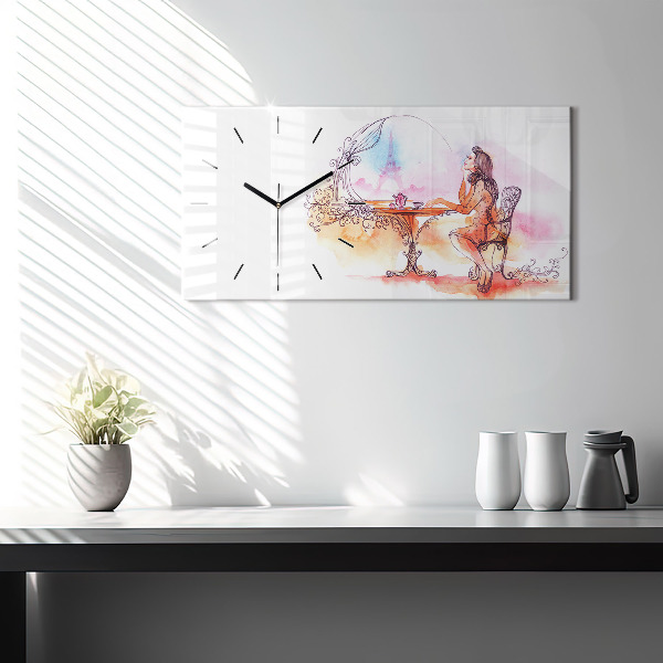 Glass wall clock rectangular Woman drinking tea
