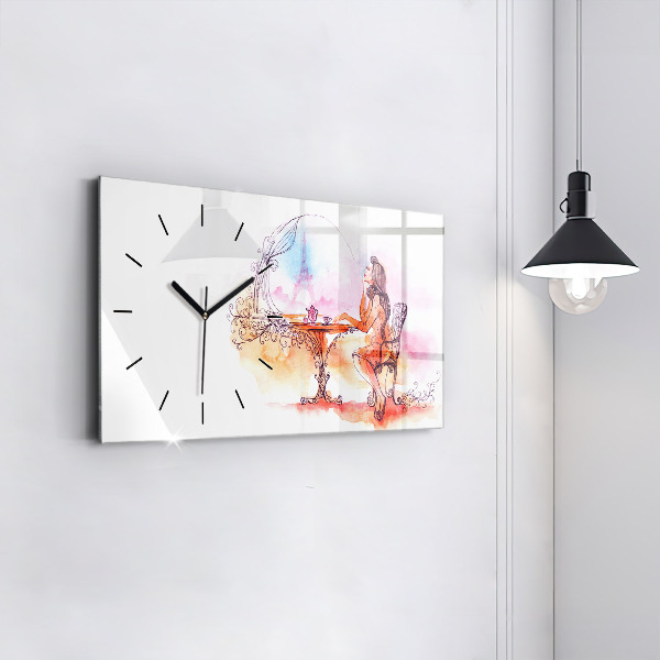 Glass wall clock rectangular Woman drinking tea