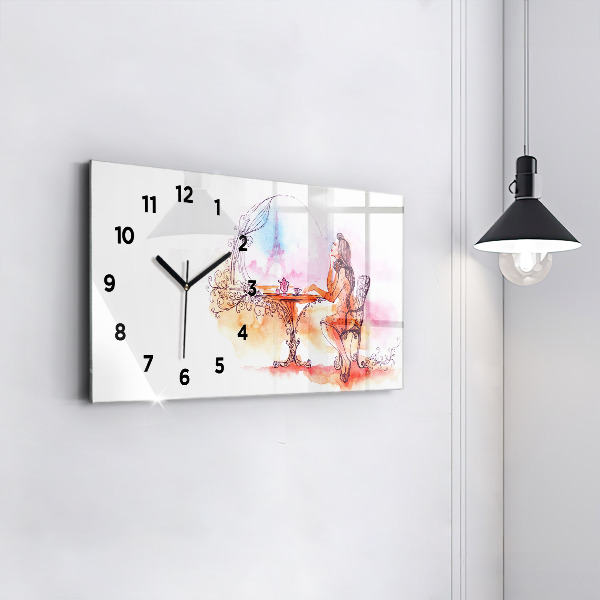 Glass wall clock rectangular Woman drinking tea