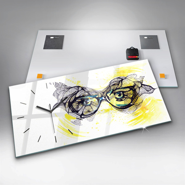Glass wall clock rectangular Eyes glasses