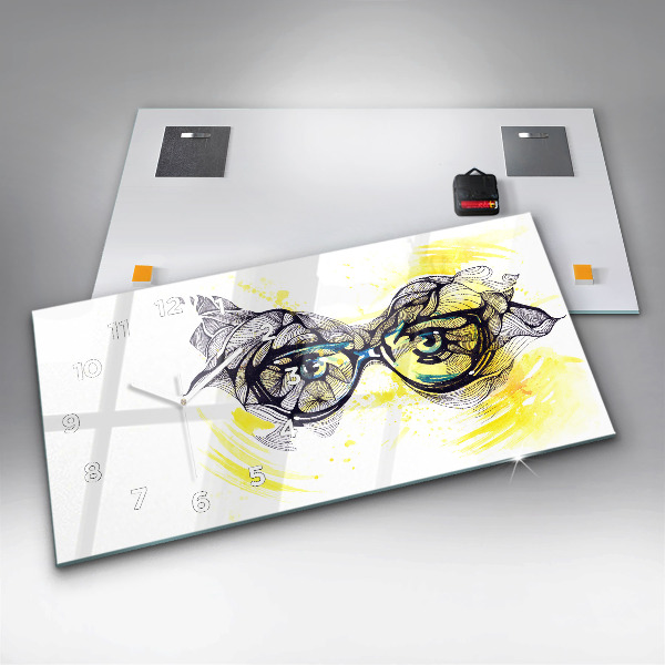 Glass wall clock rectangular Eyes glasses