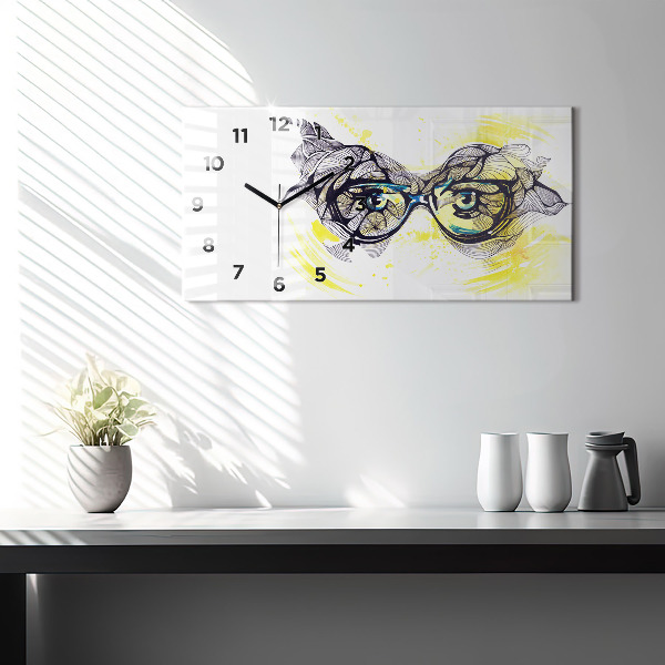 Glass wall clock rectangular Eyes glasses