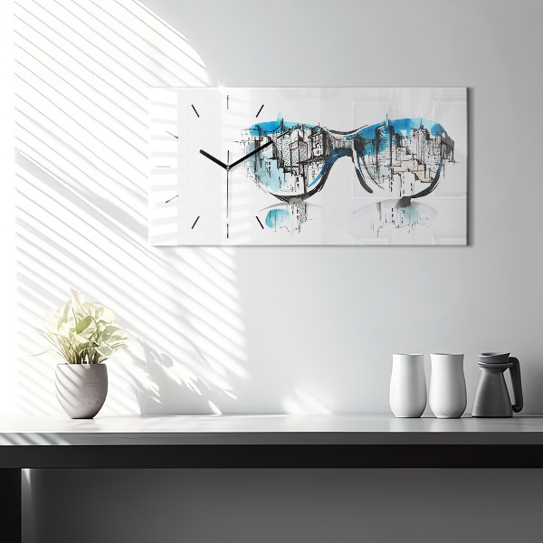 Glass wall clock rectangular City in glasses