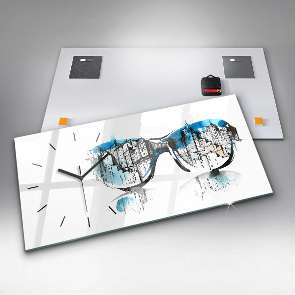Glass wall clock rectangular City in glasses