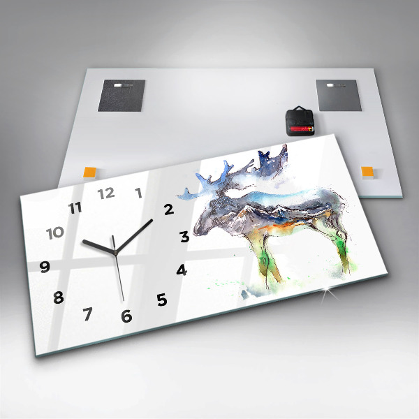 Glass wall clock rectangular Moose and Mountain Landscape