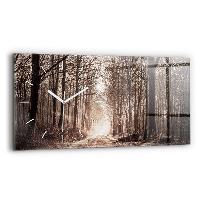 Glass wall clock rectangular Forest path in sepia
