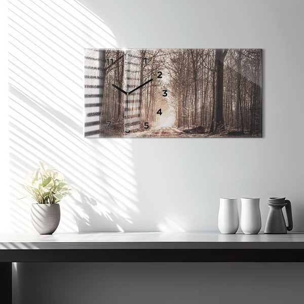 Glass wall clock rectangular Forest path in sepia