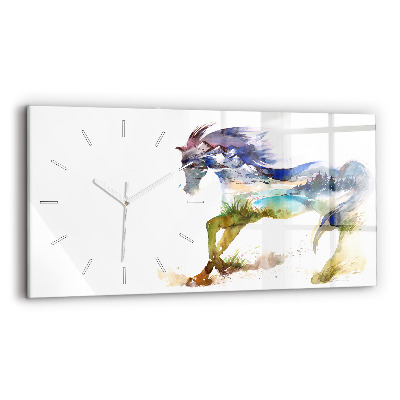 Glass wall clock rectangular Painted Mountains and Horse