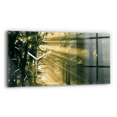 Glass wall clock rectangular Sun Rays Forest