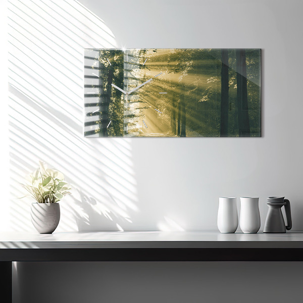Glass wall clock rectangular Sun Rays Forest