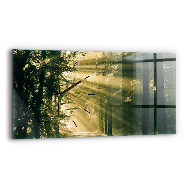 Glass wall clock rectangular Sun Rays Forest