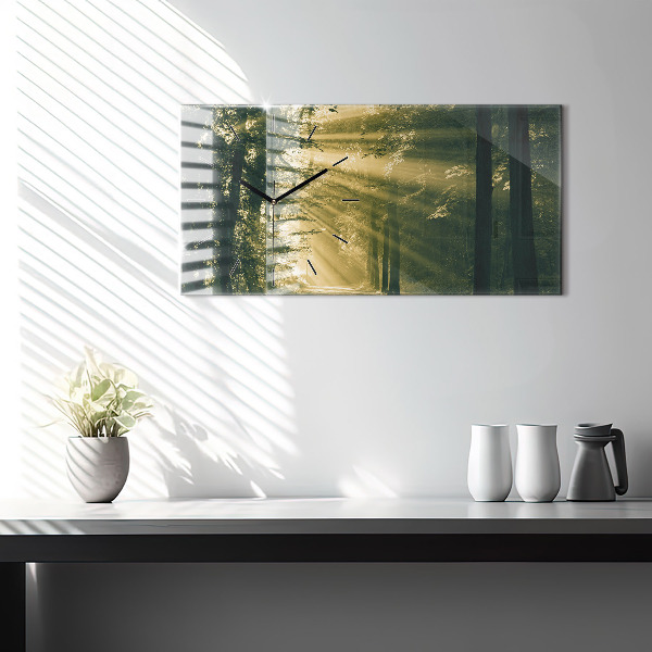 Glass wall clock rectangular Sun Rays Forest