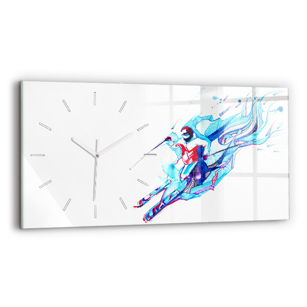 Glass wall clock rectangular Skier