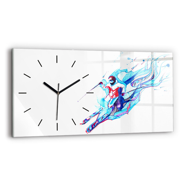 Glass wall clock rectangular Skier