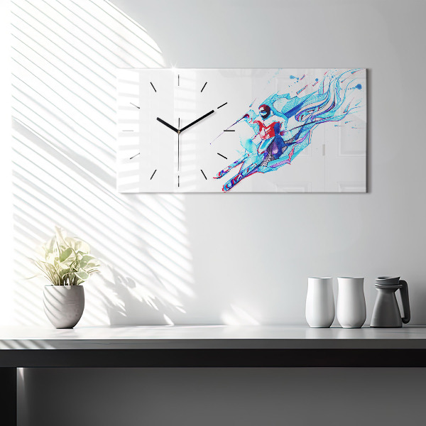 Glass wall clock rectangular Skier