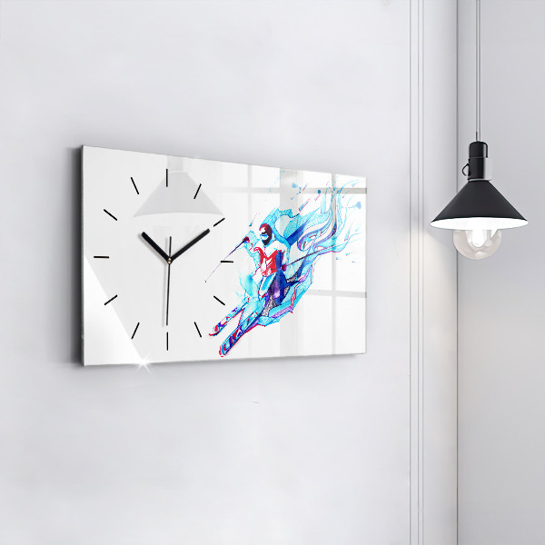 Glass wall clock rectangular Skier