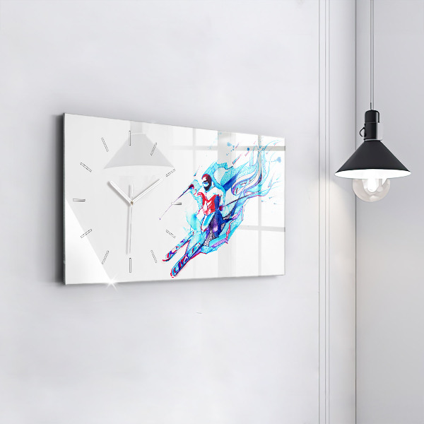 Glass wall clock rectangular Skier