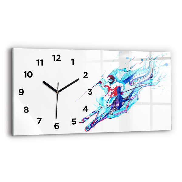 Glass wall clock rectangular Skier