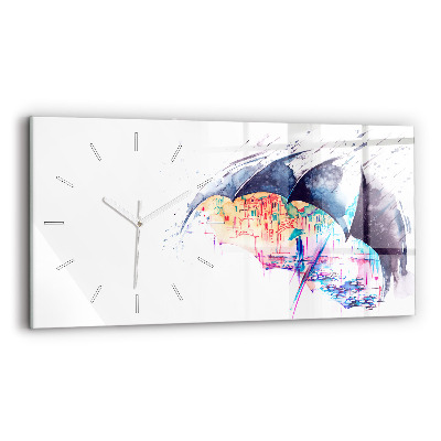 Glass wall clock rectangular Rain umbrella and city
