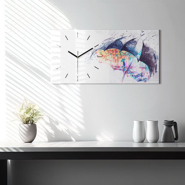 Glass wall clock rectangular Rain umbrella and city