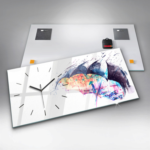 Glass wall clock rectangular Rain umbrella and city