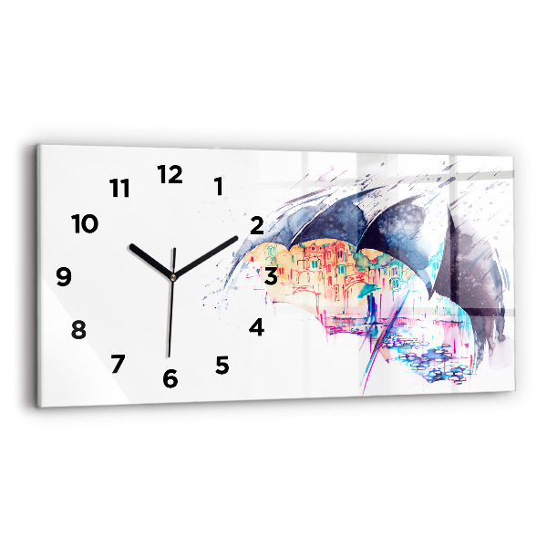 Glass wall clock rectangular Rain umbrella and city