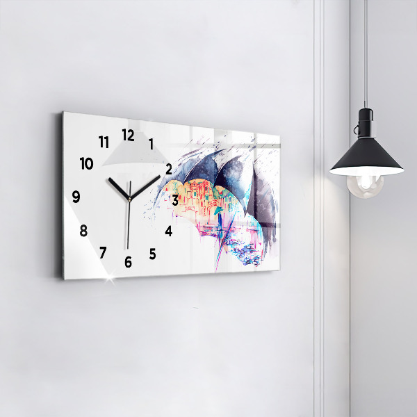 Glass wall clock rectangular Rain umbrella and city