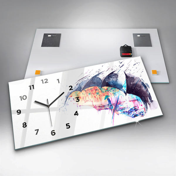 Glass wall clock rectangular Rain umbrella and city