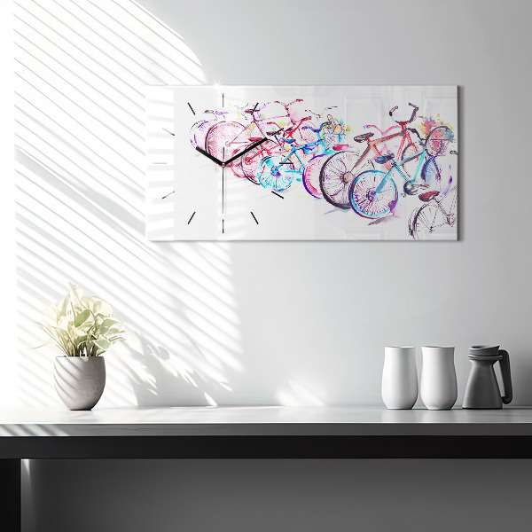 Glass wall clock rectangular Colorful City Bikes