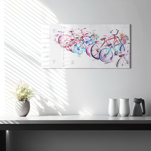 Glass wall clock rectangular Colorful City Bikes