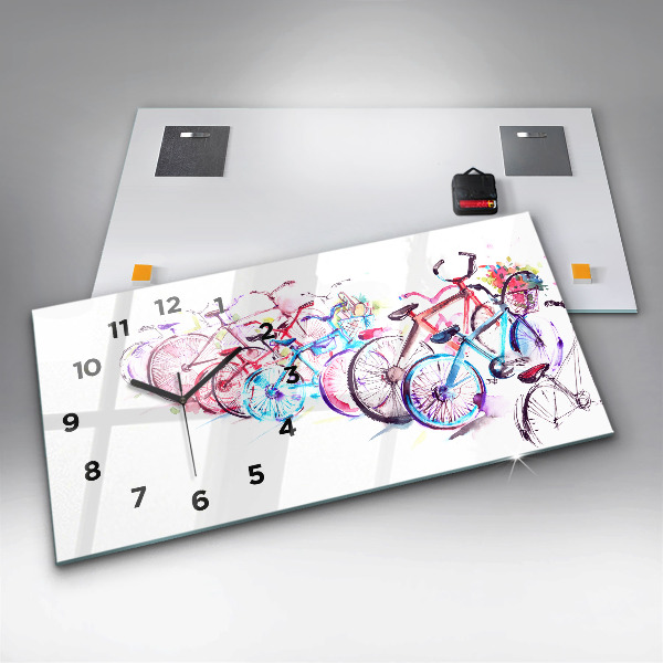 Glass wall clock rectangular Colorful City Bikes