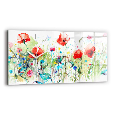 Glass wall clock rectangular Poppies in the Meadow