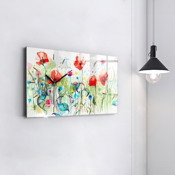 Glass wall clock rectangular Poppies in the Meadow