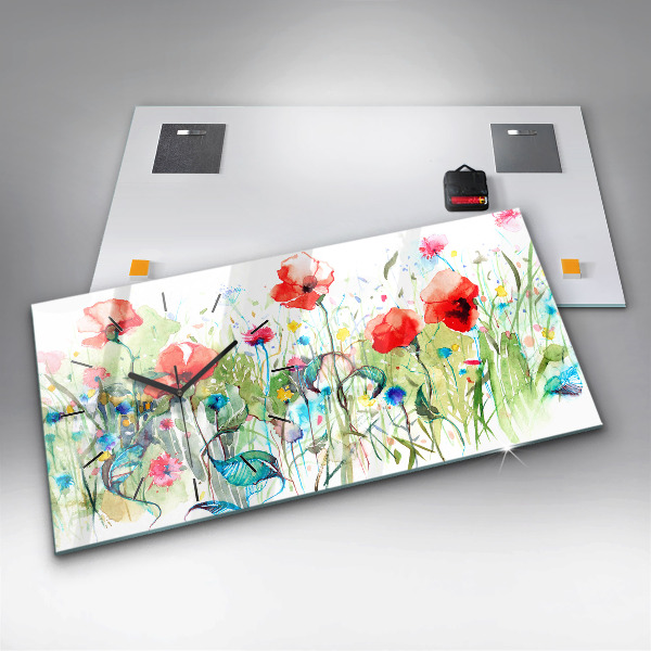 Glass wall clock rectangular Poppies in the Meadow