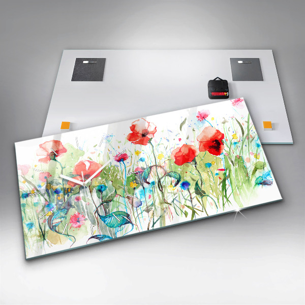 Glass wall clock rectangular Poppies in the Meadow