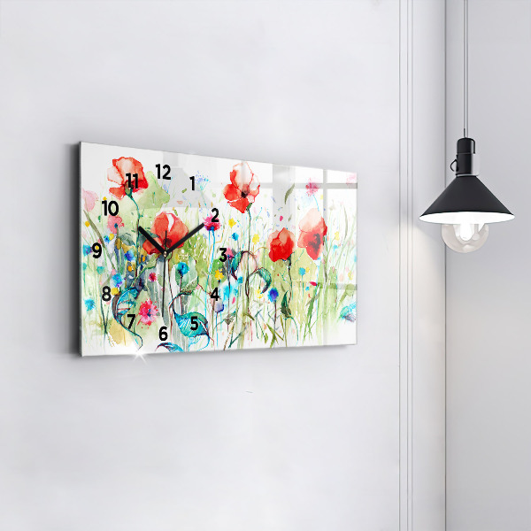 Glass wall clock rectangular Poppies in the Meadow