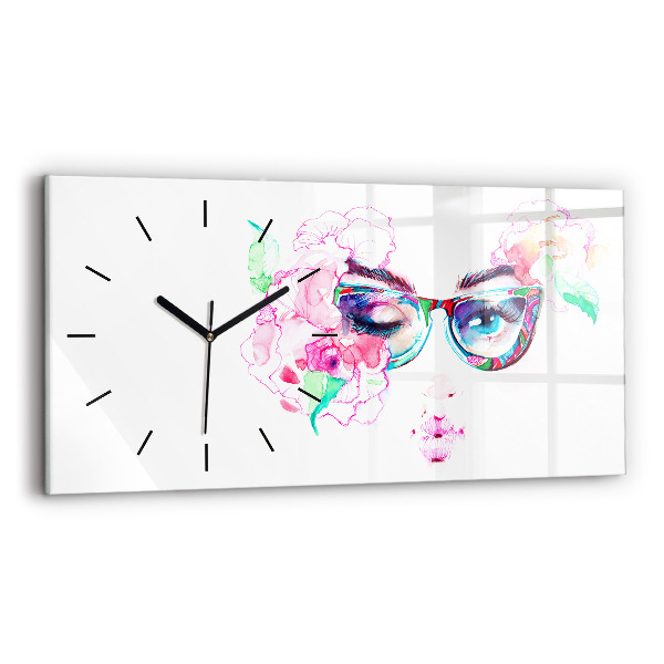 Glass wall clock rectangular Face of a woman with glasses