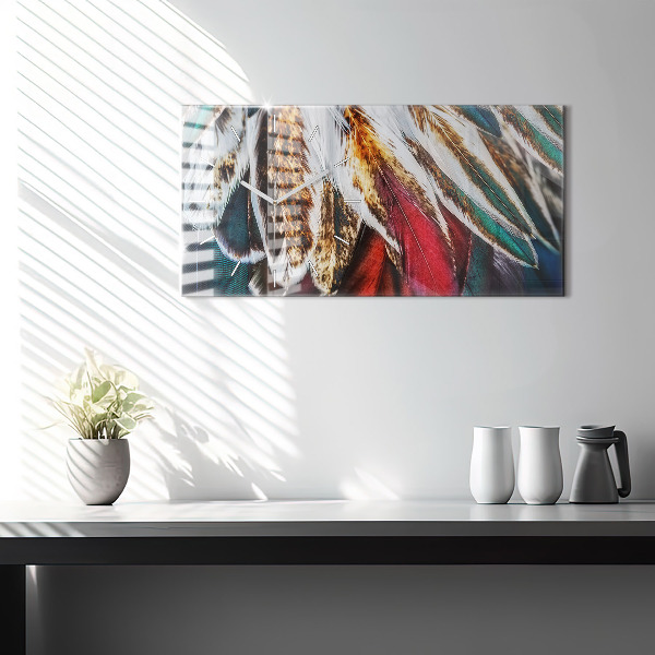 Glass wall clock rectangular Light brown bird feathers