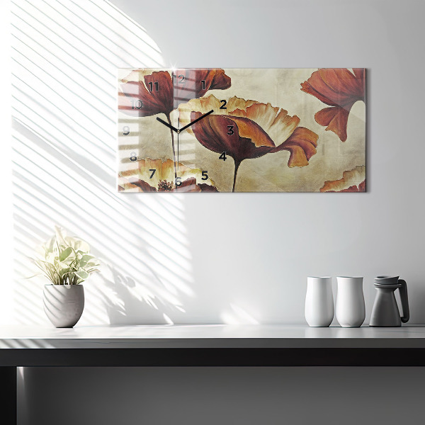 Glass wall clock rectangular Painted poppies
