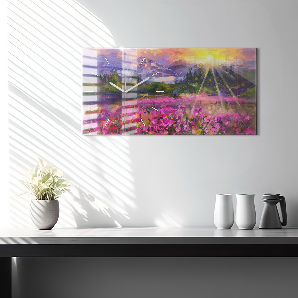 Glass wall clock rectangular Landscape of nature and flowers