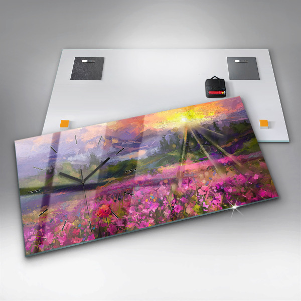 Glass wall clock rectangular Landscape of nature and flowers