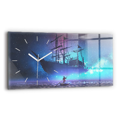 Glass wall clock rectangular Fantasy Sailing Ship