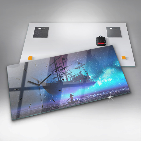 Glass wall clock rectangular Fantasy Sailing Ship