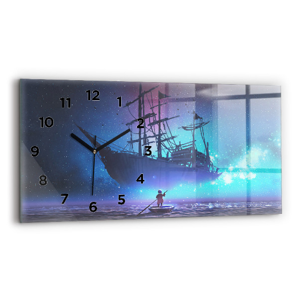 Glass wall clock rectangular Fantasy Sailing Ship