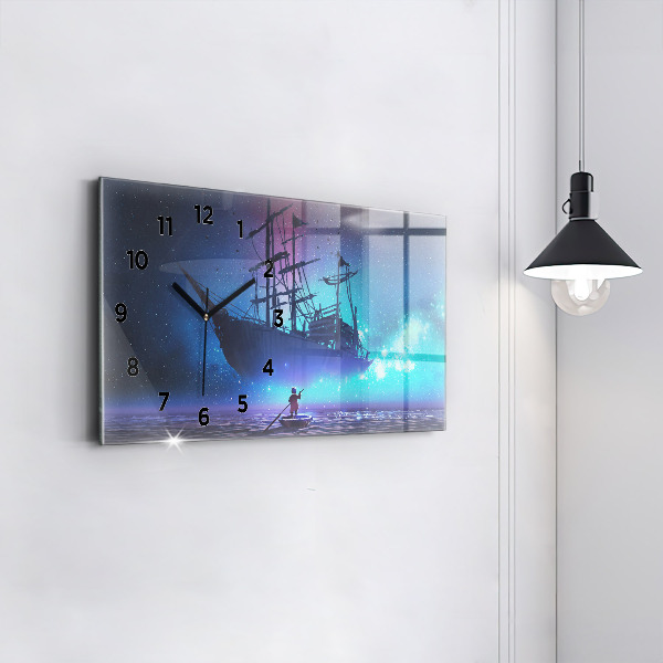 Glass wall clock rectangular Fantasy Sailing Ship