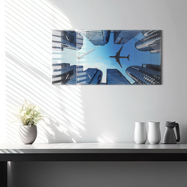Glass wall clock rectangular Airplane over buildings