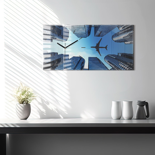 Glass wall clock rectangular Airplane over buildings