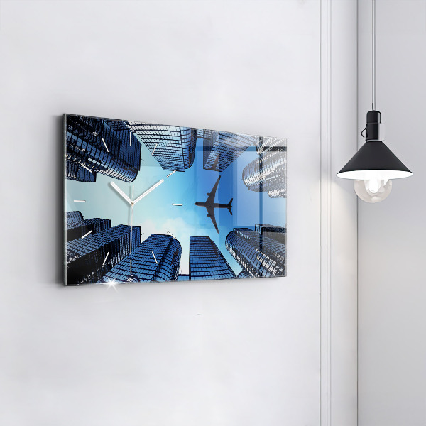 Glass wall clock rectangular Airplane over buildings